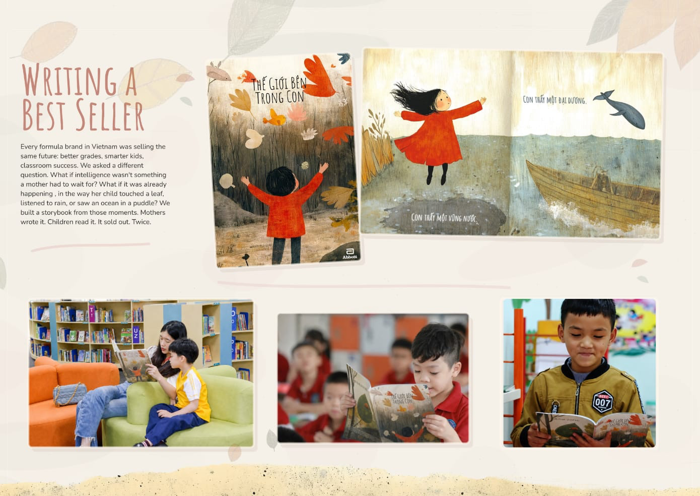 Composite of the Similac storybook in production and in use. The cover and a double-page spread show illustrated children among falling leaves and rolling waves. Three photographs below show Vietnamese children reading the book in a library, in a classroom, and at home.