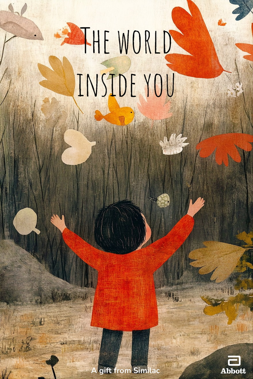 The cover of the Similac storybook, titled The World Inside You, illustrated with a child in a red coat reaching toward falling leaves and birds. A small Abbott mark sits in the bottom-right corner with the line A gift from Similac.