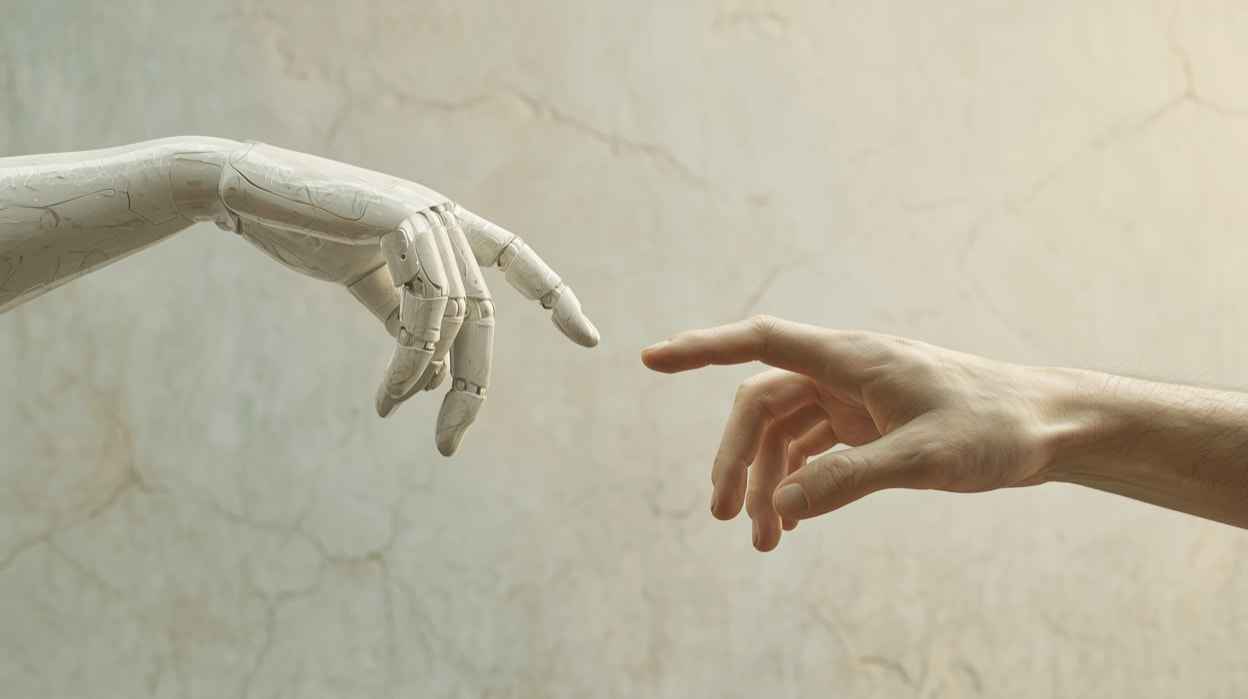 A robotic hand and a human hand reaching toward one another.