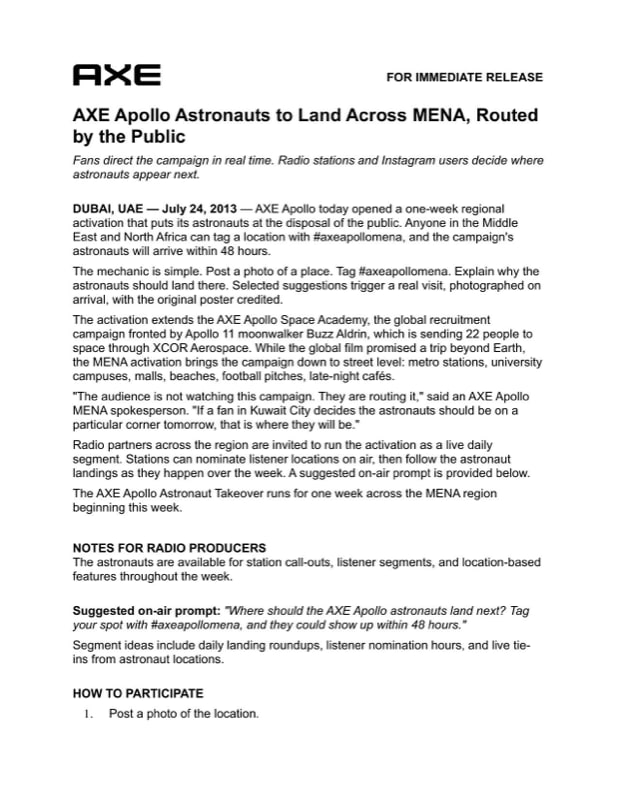 Page 1 of the AXE Apollo press release.