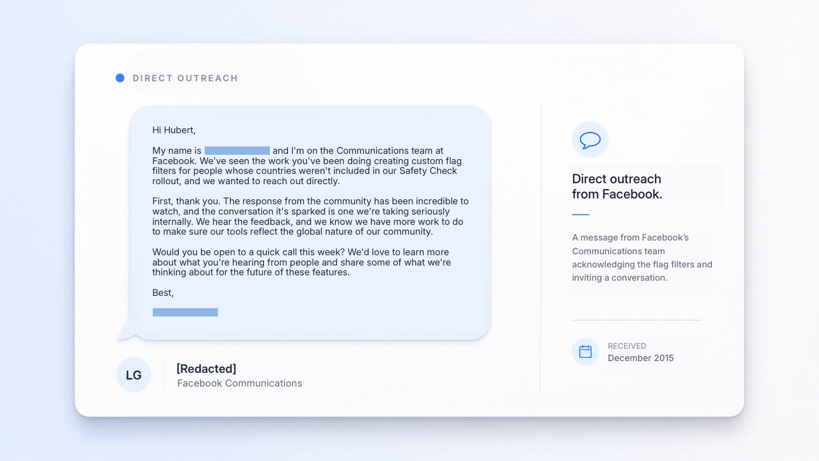 Mocked-up message representing direct outreach from Facebook communications.