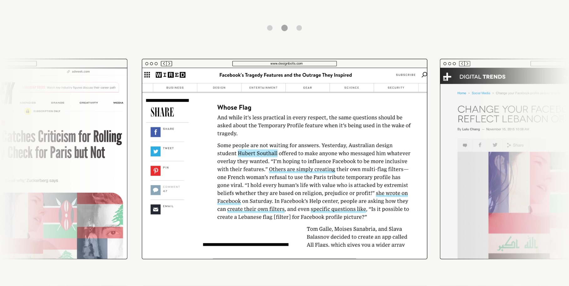 Media coverage board showing articles about Facebook flag filters.