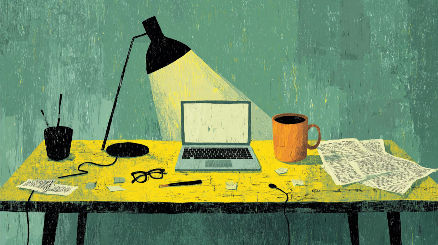 A desk cluttered with electronics and papers, representing the pivot to virtual production.
