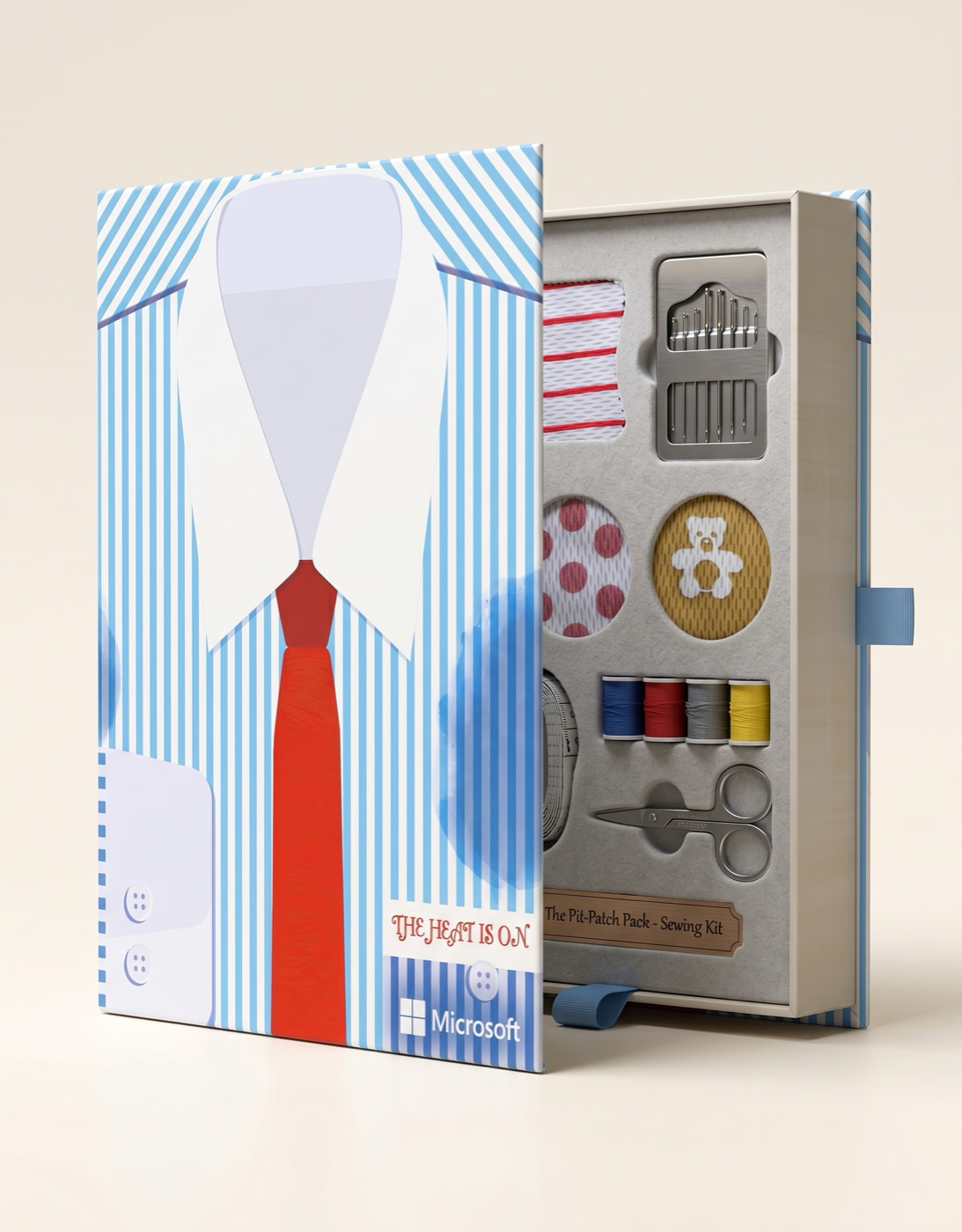 Pit-Patch package partly opened to reveal sweat patches and a sewing kit inside.