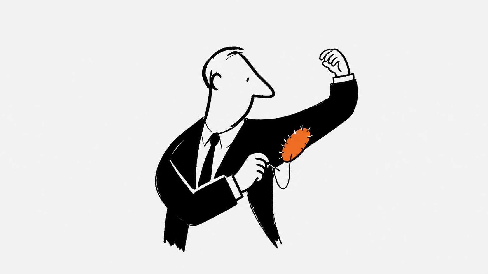 Cartoon illustration of a suited executive sewing an orange patch onto the underarm of his jacket.