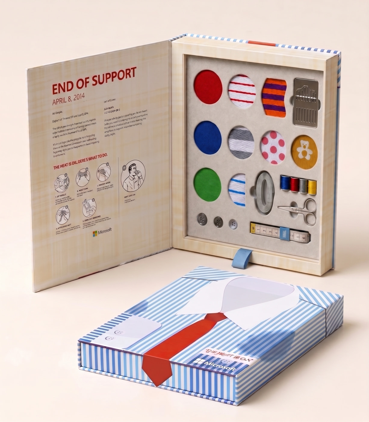 Opened Pit-Patch package displaying patterned sweat patches, sewing tools, and Microsoft branding beside the closed box.