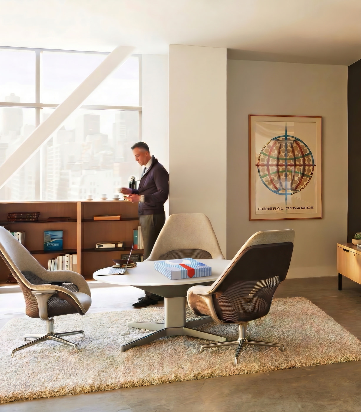 A boxed Pit-Patch package rests on a conference table in a bright executive office.