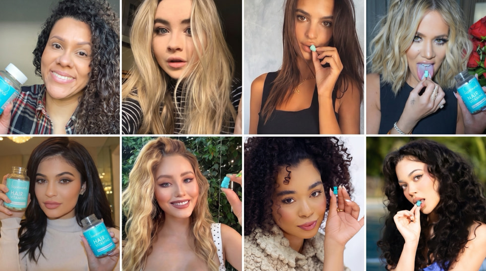 Grid of SugarBearHair influencer posts and social media content.