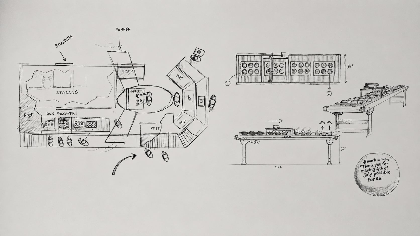 Production sketch showing the physical footprint of the Thank You Burger activation and bun printing system