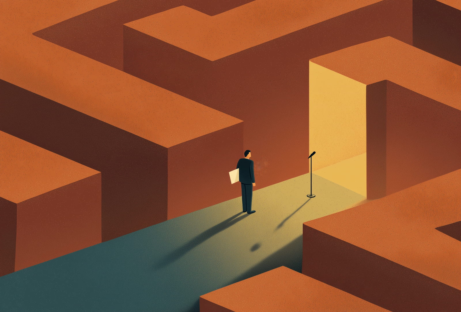 A man stands in an orange maze beside a microphone, holding a page as a bright doorway opens ahead.