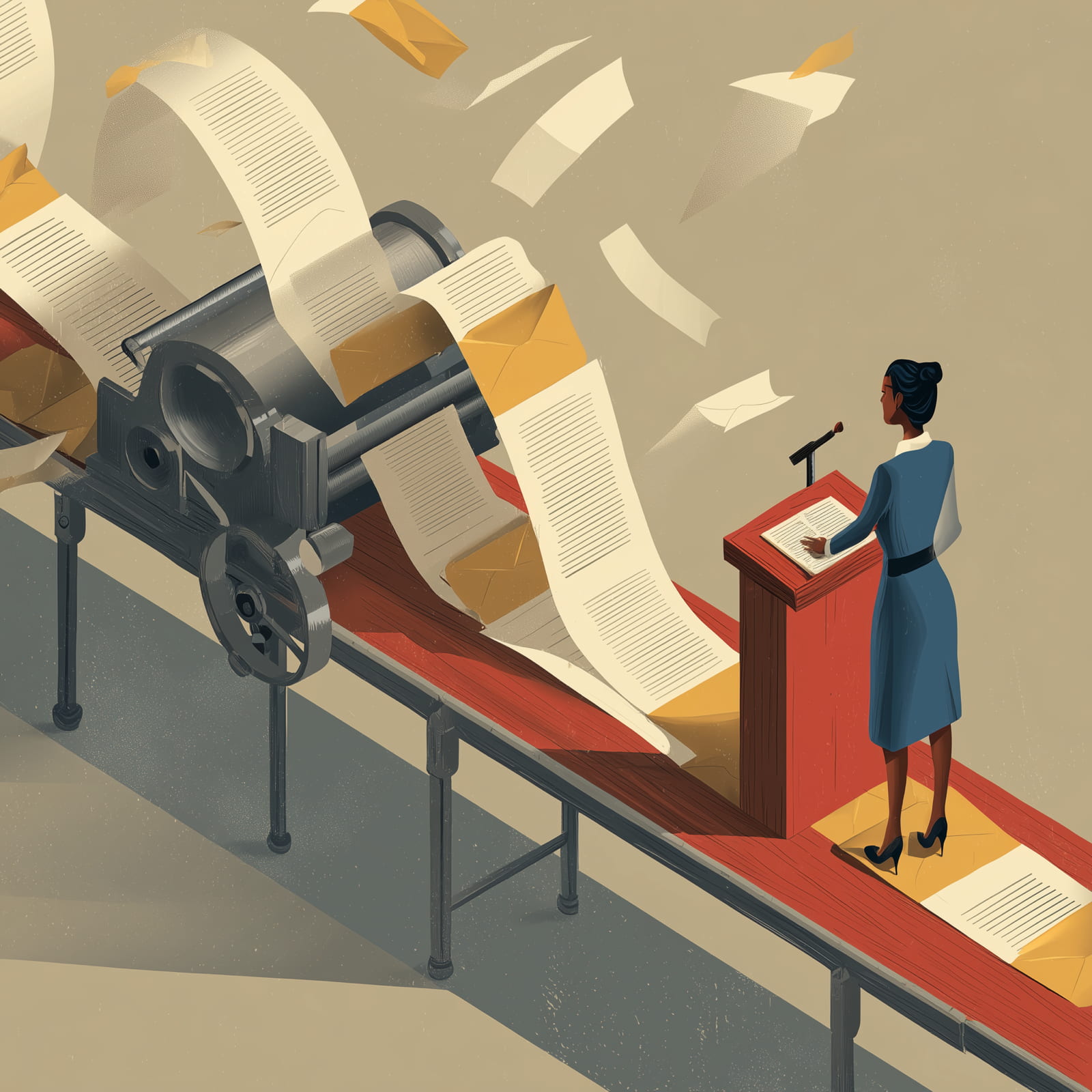 A speaker stands at a podium while pages move through a large mechanical process beside her.