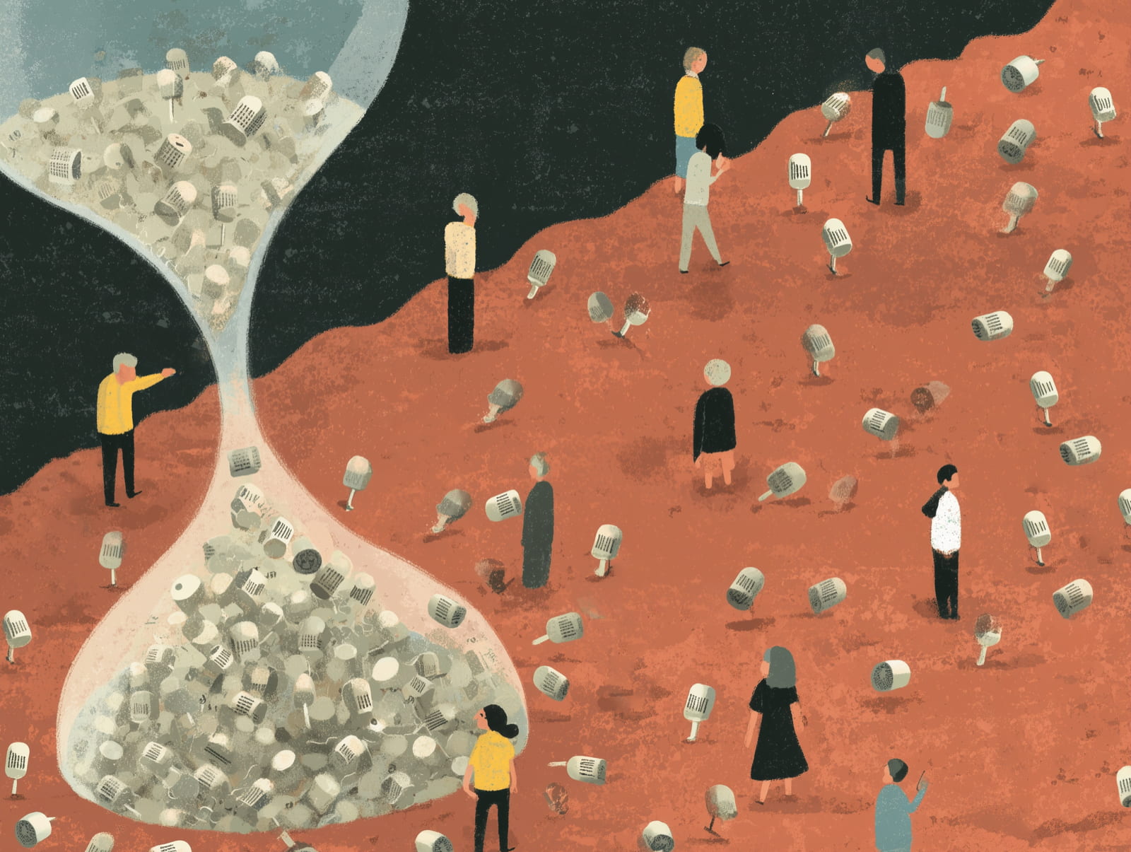 People stand among scattered microphones while paper and voices seem to pour through a giant hourglass.