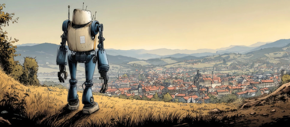 An illustrated robot stands on a grassy hillside at dawn, looking out over a town in the valley below, representing an AI model facing the real-world conditions it must operate in.