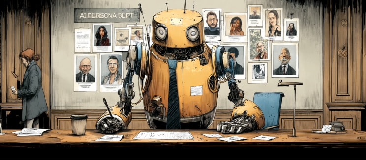 An illustrated robot sits at a desk in front of a wall of human persona profiles, representing an AI persona testing framework.