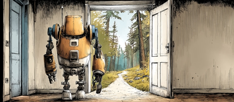 An illustrated yellow robot stands in a doorway, looking out toward a forest path, representing an AI model moving from controlled testing into real-world use.