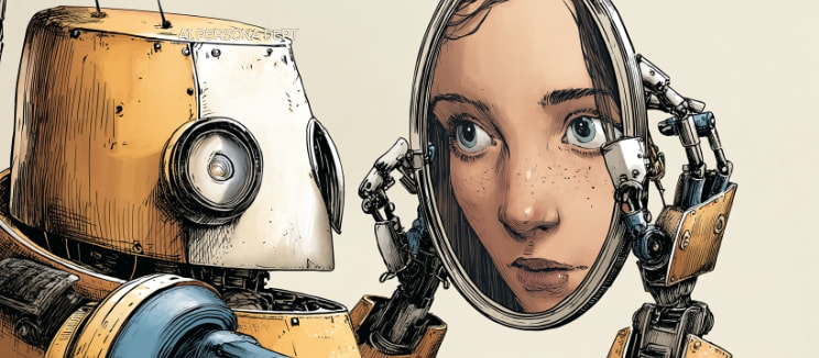 An illustrated robot looks into a mirror that reflects a human face, representing AI testing based on real user personas.