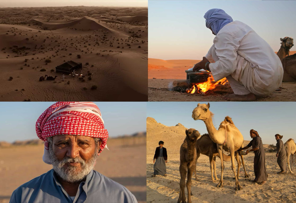 Four documentary stills from the desert expedition, including dunes, camp, fire, and camels.