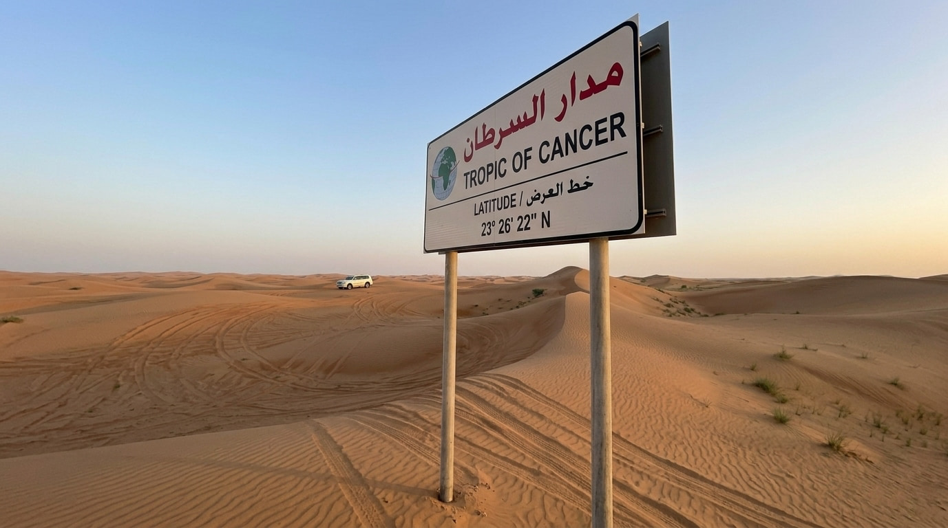 The permanent Tropic of Cancer monument standing in the dunes of the Empty Quarter at golden hour, with a vehicle parked nearby.