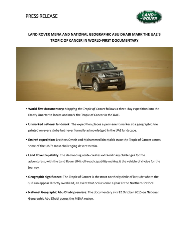 Page 1 of the Land Rover MENA press release announcing the Tropic of Cancer documentary.