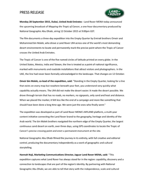 Page 2 of the Land Rover MENA press release announcing the Tropic of Cancer documentary.
