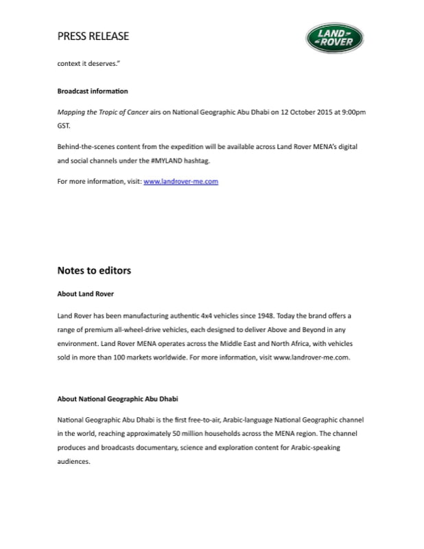 Page 3 of the Land Rover MENA press release announcing the Tropic of Cancer documentary.