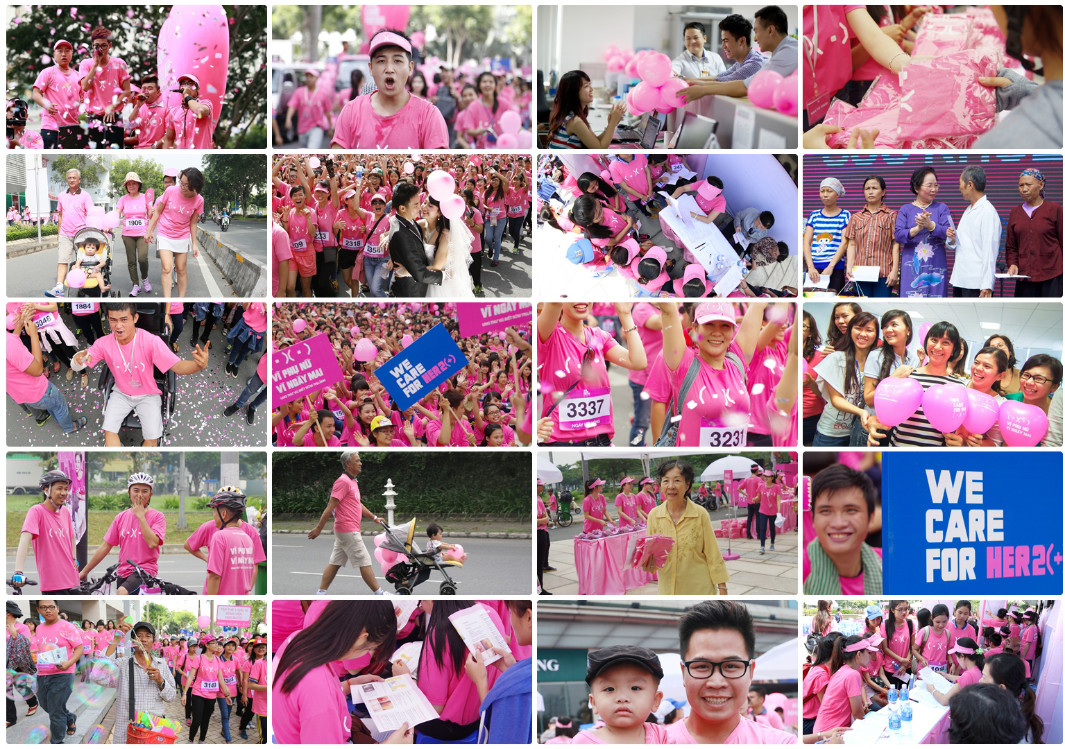 Collage of We Care For Her campaign events, pink parade participants, screening activity, and campaign signage.