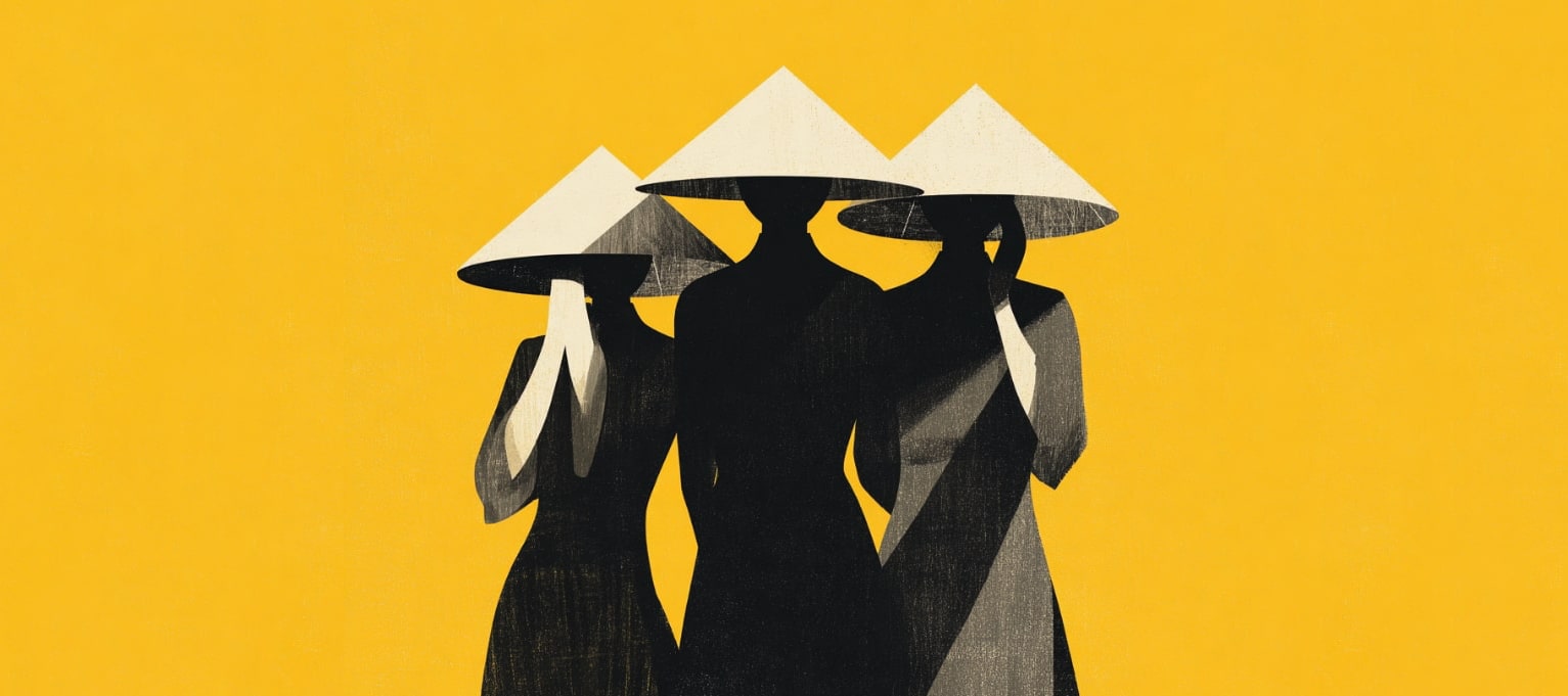Illustration of 3 women in conical hats against a yellow background.